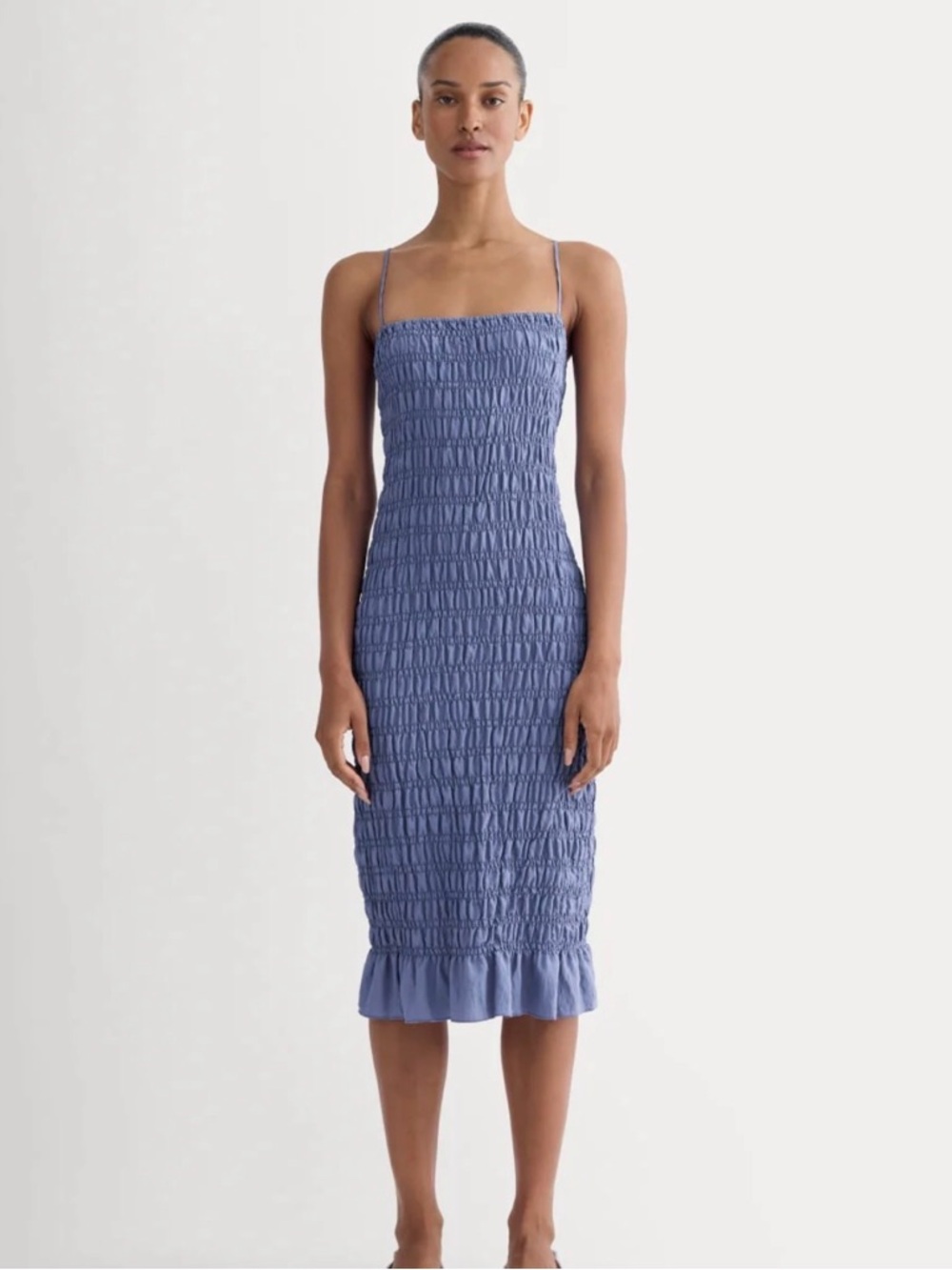 Everlane Smocked Below Knee Dress in Periwinkle Blue